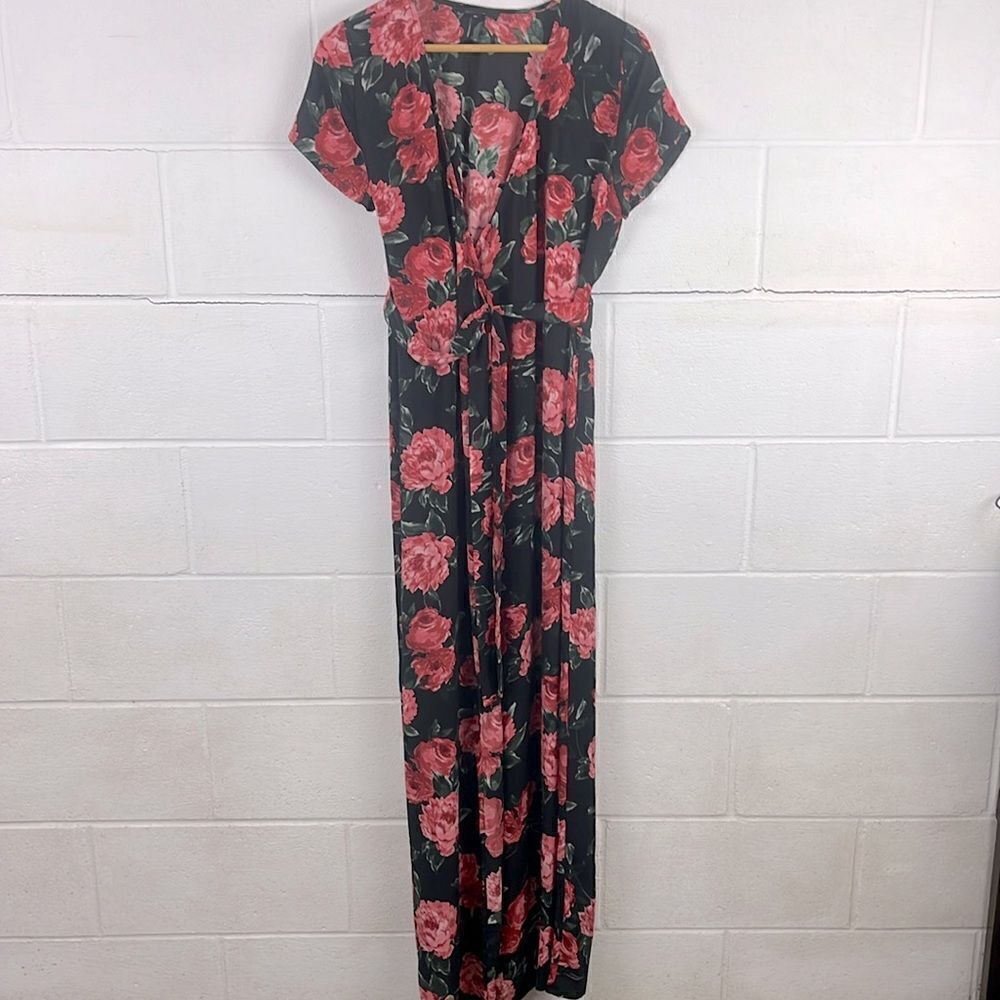 Olivaceous floral short sleeve wrap dress